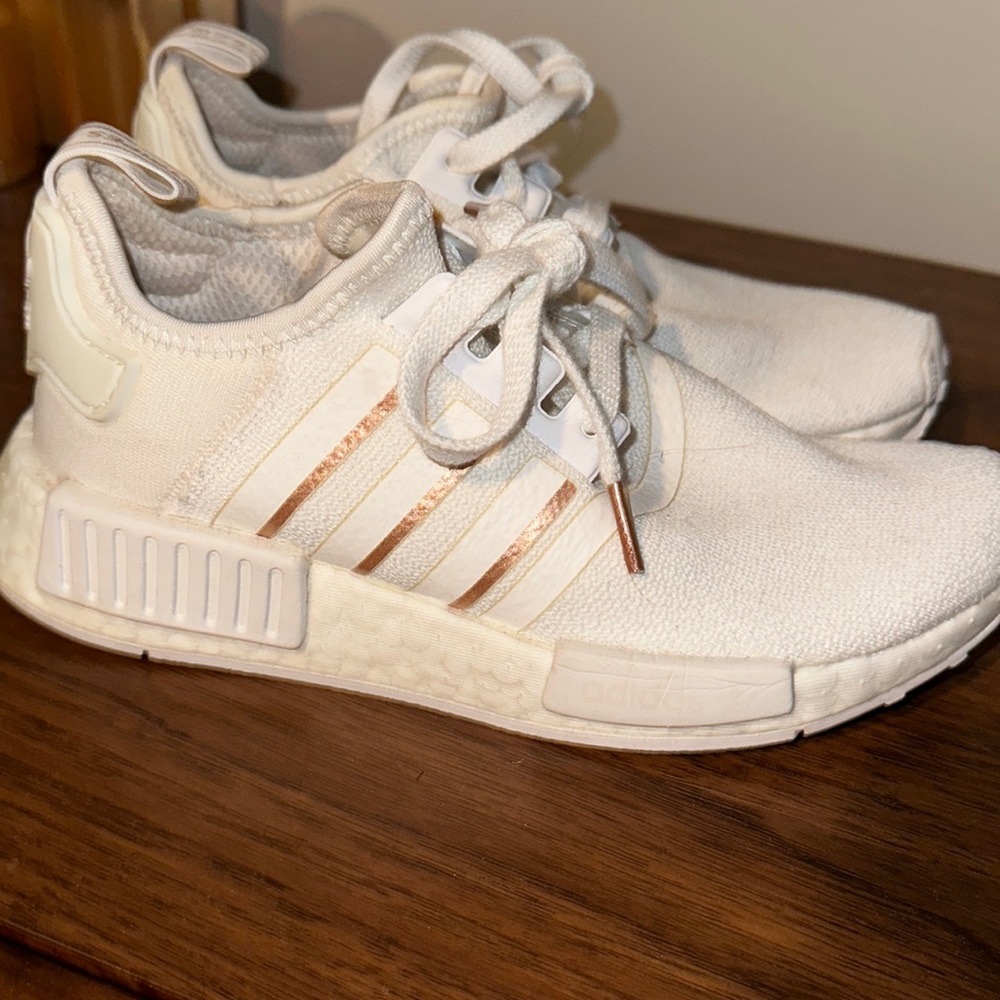 White and rose gold adidas sneakers
